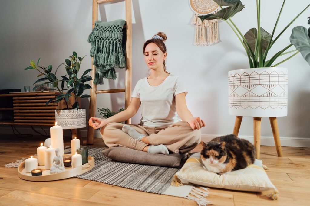 Young healthy woman practicing meditation at home, sitting in lotus position on floor cushion with relaxed cat pet in modern Scandi interior home. Meditating, relaxed, eyes closed. Selective focus.