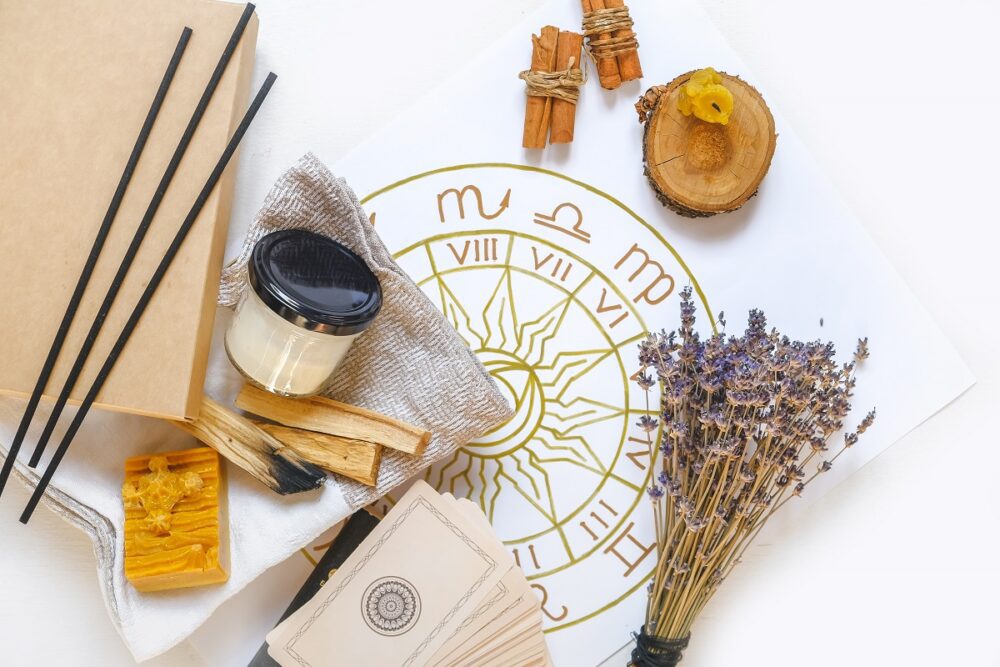 Wellness, mental health. Gift for meditation at home with palo santo care aromatherapy, wellness, meditation, spa, relaxation, occult, spiritual cleansing