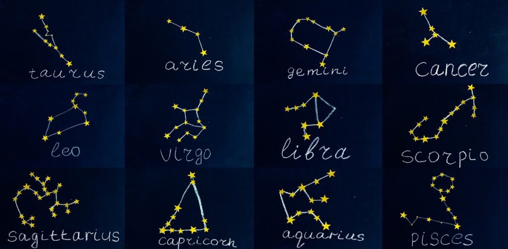 constellations of zodiac signs drawn in chalk and sequins in the form of a check on a chalkboard collage