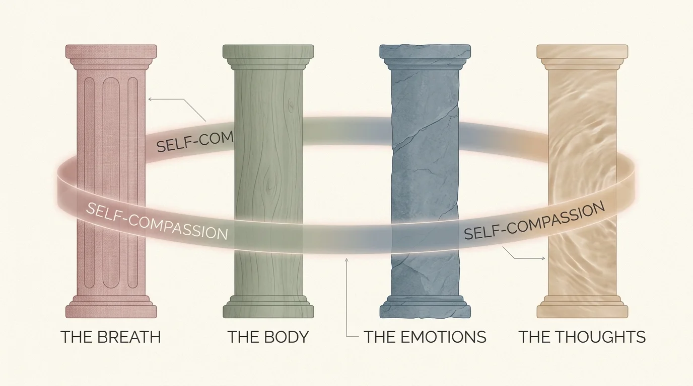 A clean diagram showing four pillars labeled Breath, Body, Emotions, and Thoughts, wrapped in a band of Self-Compassion.