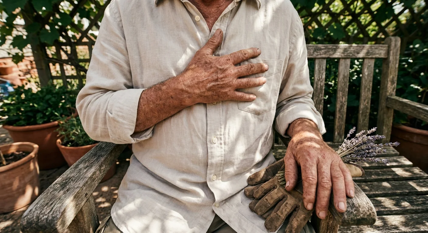 A close-up photo of an older man's hand on his chest as he sits in a sunlit garden, practicing mindful breathing.