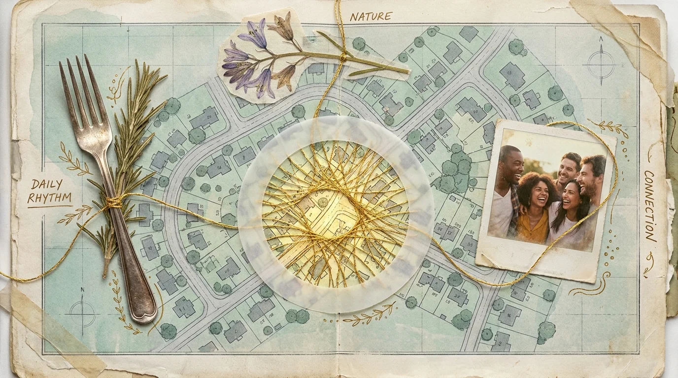A collage showing symbols of nature, social connection, and food, connected by golden threads over a neighborhood map.