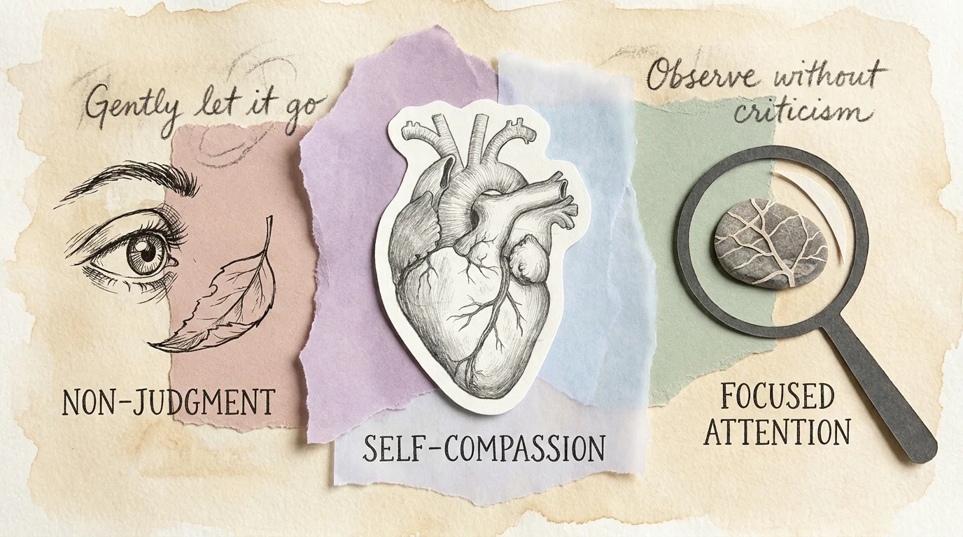 A mixed-media collage with labels for Non-Judgment, Focused Attention, and Self-Compassion featuring a heart, an eye, and a magnifying glass