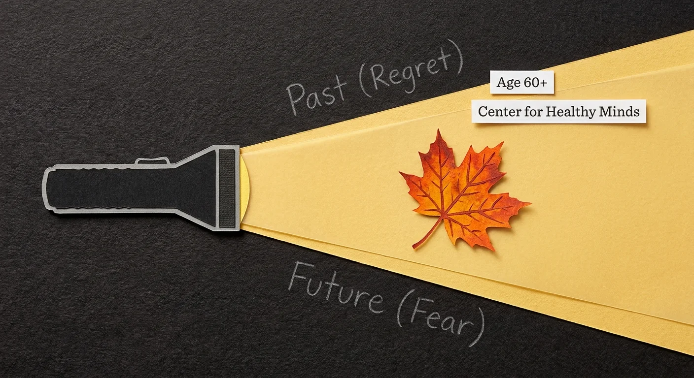 A paper-cut illustration of a flashlight beam illuminating a leaf, symbolizing focused attention on the present.