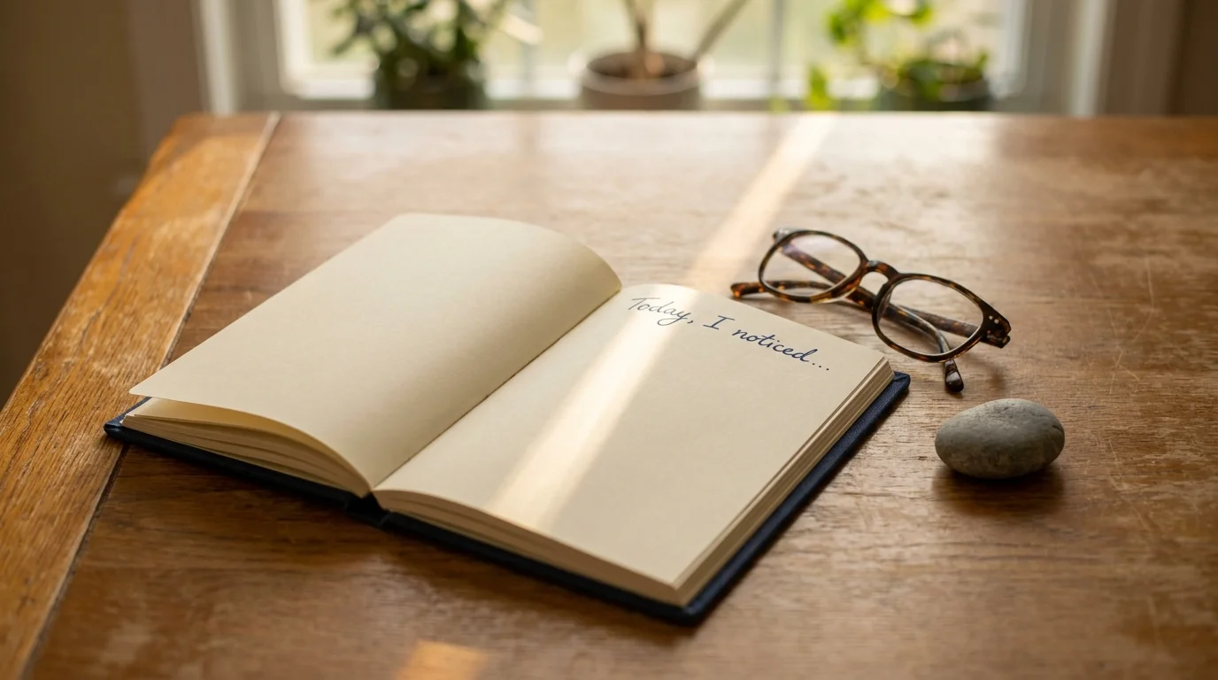 A photo of an open journal on a wooden table with the words 'Today, I noticed...' written on the page next to reading glasses.