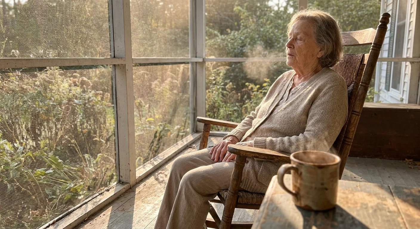 A senior woman sits peacefully on a sunlit porch, eyes closed in a moment of mindful breathing.