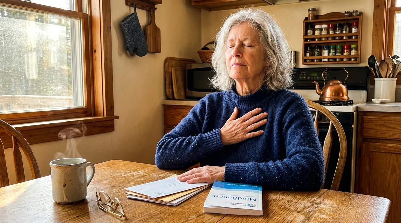 A senior woman sitting at a sunlit kitchen table with her eyes closed and a hand on her chest, practicing a calming breathing exercise.