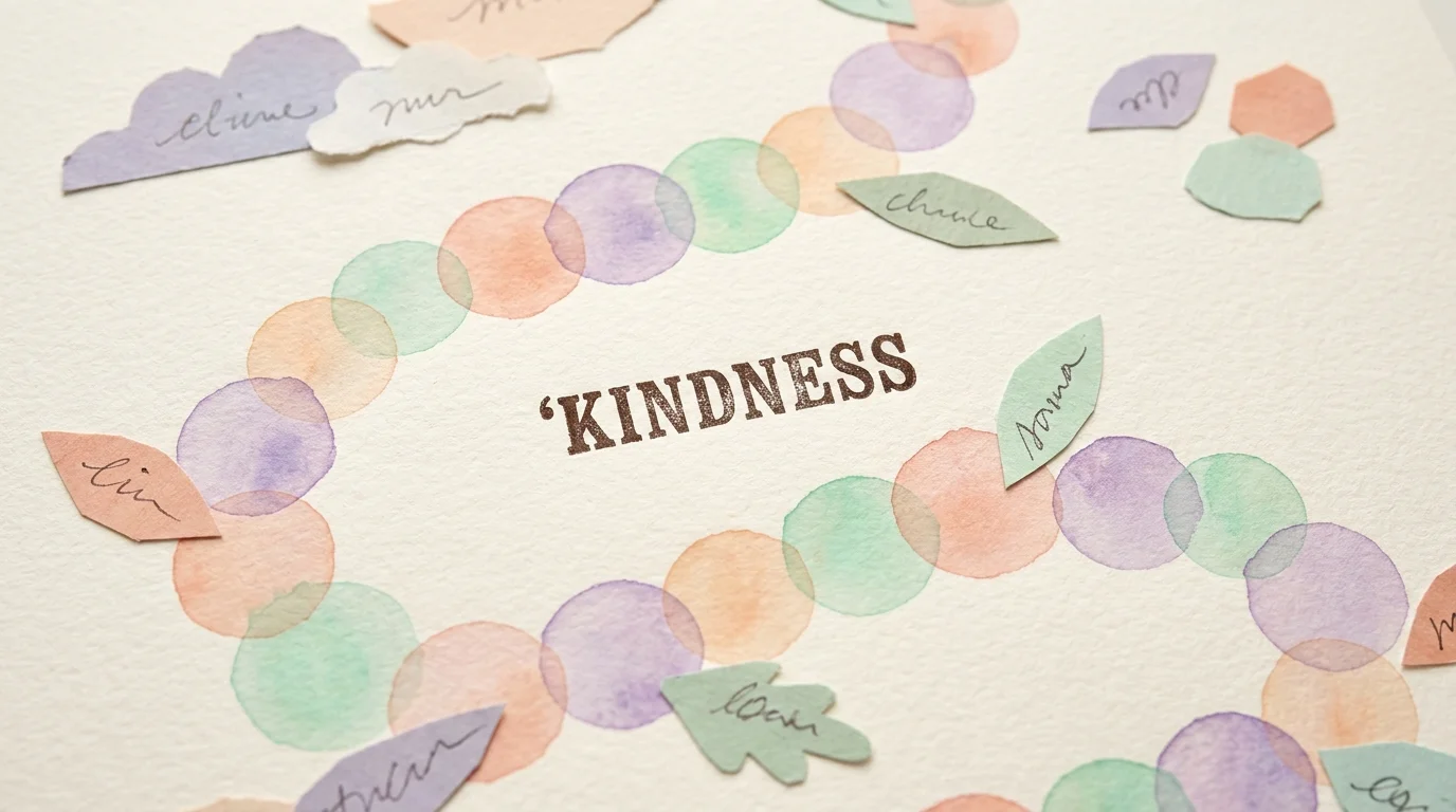 An abstract watercolor path of overlapping circles with the word 'KINDNESS' stamped in the center.