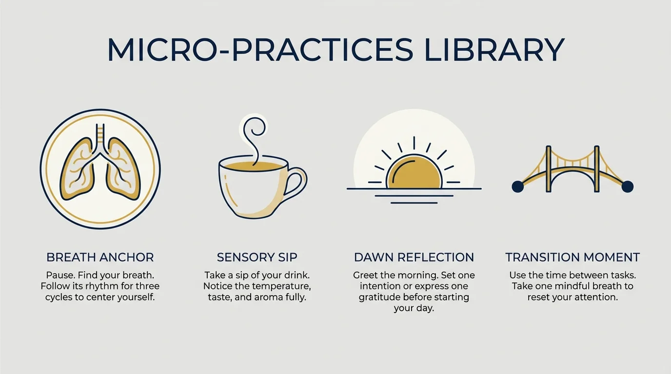An infographic showing four icons for mindfulness: a breath anchor, a sensory sip, dawn reflection, and a transition moment.