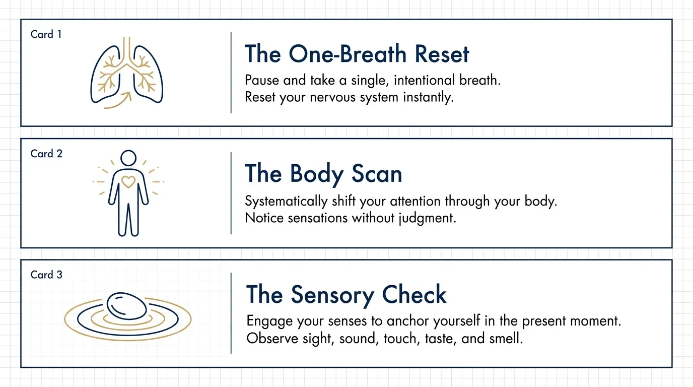 An infographic showing three micro-practice cards: The One-Breath Reset, The Body Scan, and The Sensory Check.