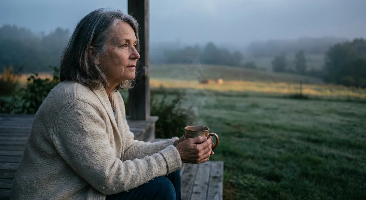 An older woman sits peacefully on a porch at dawn, wrapped in a sweater and holding a mug, looking out at a misty field.