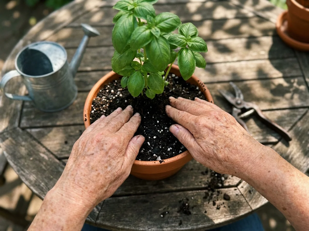 Close-up of a senior's hands mindfully planting basil in a terracotta pot in soft afternoon light.