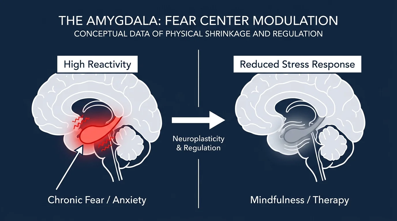 A before-and-after diagram showing the amygdala shrinking and becoming less reactive to stress.
