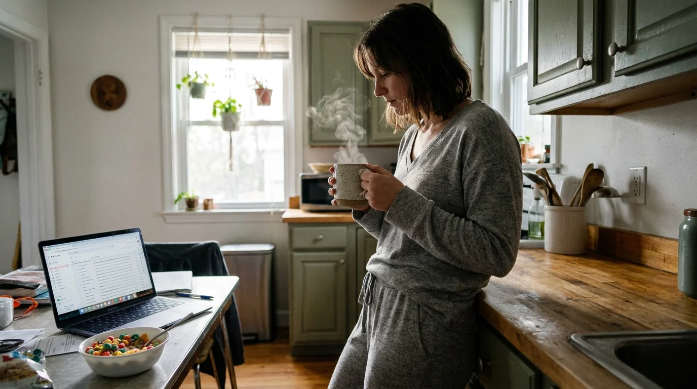 A candid photo of a person in a sunlit kitchen holding a steaming mug, practicing a moment of presence amidst a busy morning.