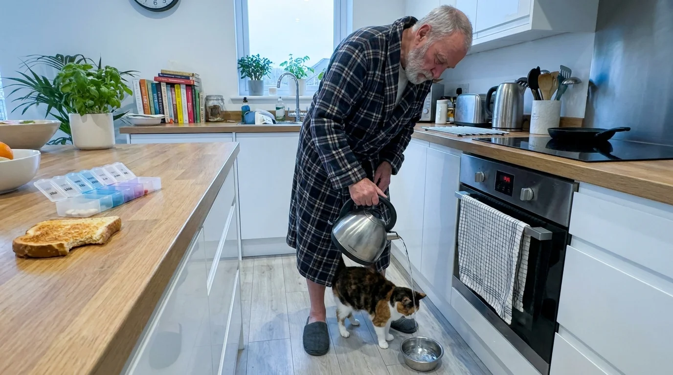 A candid photo of a senior man in a kitchen feeding his cat during a morning routine.