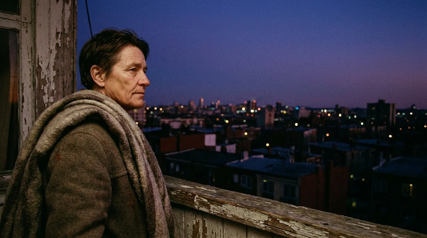 A cinematic film photograph of a person looking thoughtfully at the horizon during twilight.