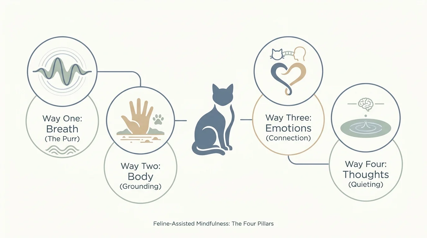 A clean four-part diagram showing the connections between a cat's presence and breath, body, emotions, and thoughts.
