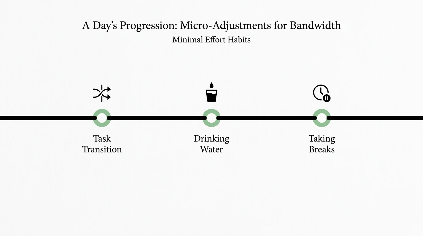 A clean horizontal flowchart showing gaps in a daily schedule labeled 'Task Transition' and 'Drinking Water'.