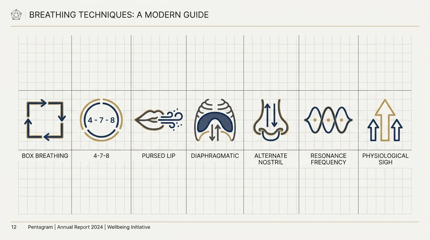 A clean infographic grid showing icons for seven different breathing techniques including Box Breathing and 4-7-8.