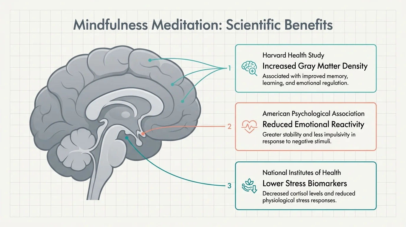 A clean scientific diagram showing a brain with callouts citing studies from Harvard Health, the APA, and the NIH.