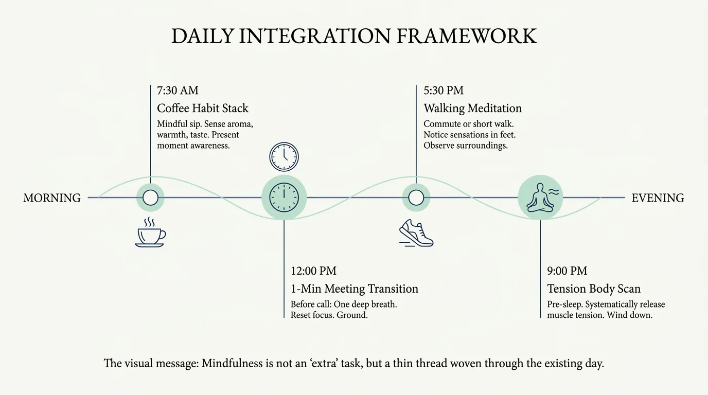 A clean timeline diagram showing how different mindfulness techniques fit into a typical daily schedule.
