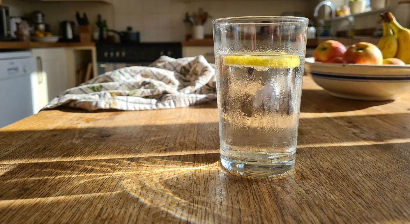 A clear glass of water with a lemon slice on a wooden table, illuminated by bright morning sunlight.
