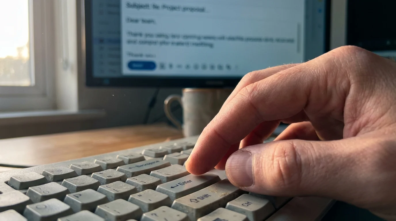 A close-up of a hand pausing above a keyboard, illustrating the moment of choosing not to react impulsively.