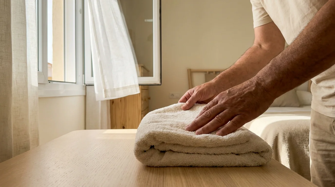 A close-up of hands mindfully folding a white towel in a sunlit room.