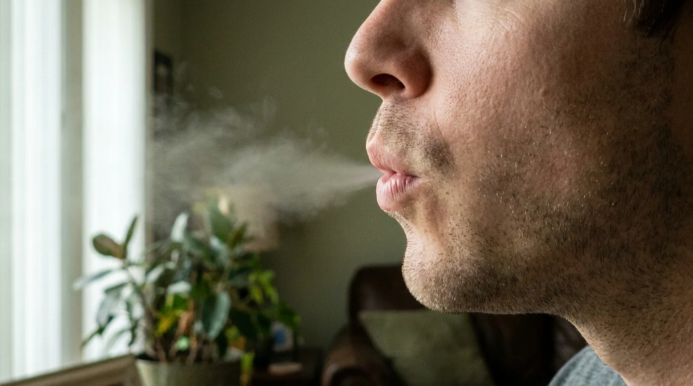 A close-up photo of a person exhaling through pursed lips in a relaxed, natural setting.