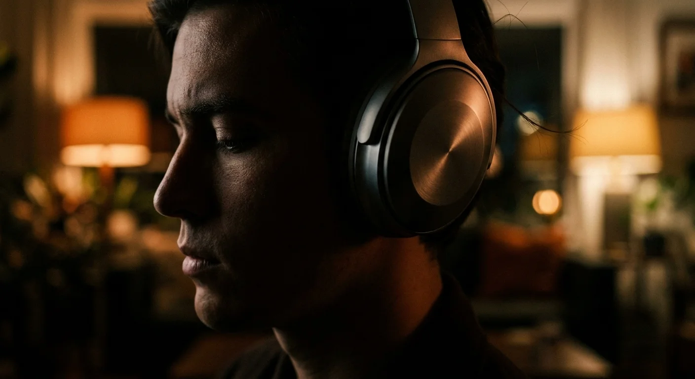 A close-up profile of a person wearing headphones, looking peaceful and deeply focused.