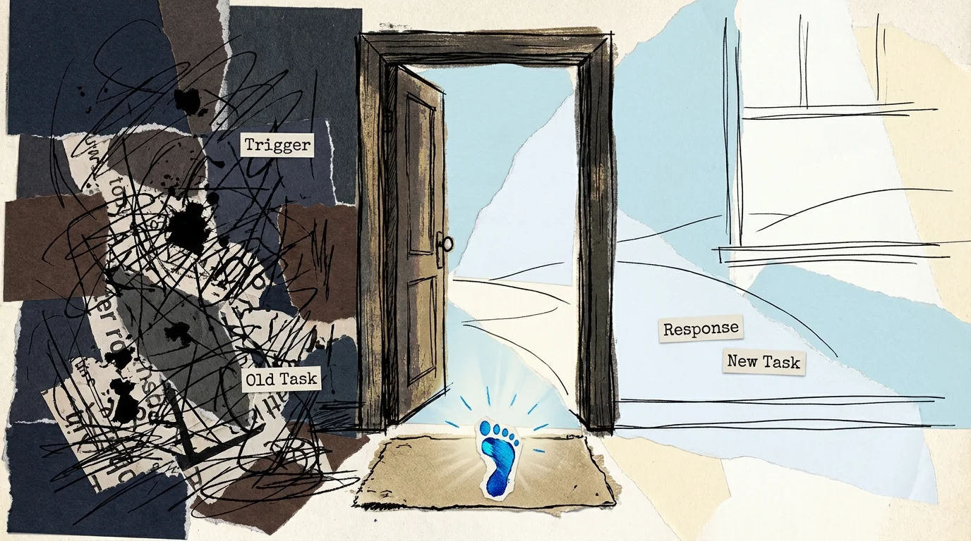 A collage showing a doorway between a messy dark room and a clean light room, with a single blue footprint in the middle.