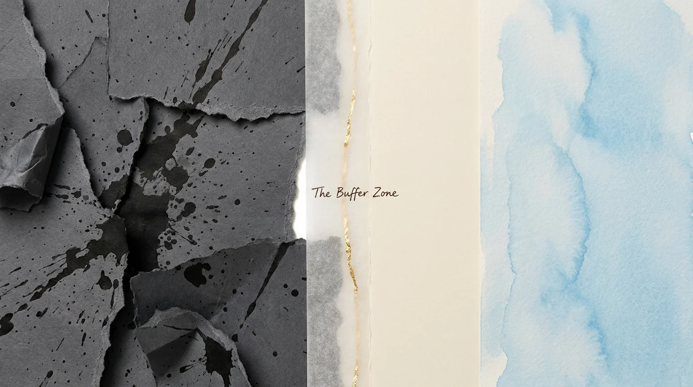 A collage showing a jagged dark area and a smooth blue area separated by a luminous gold gap labeled The Buffer Zone.