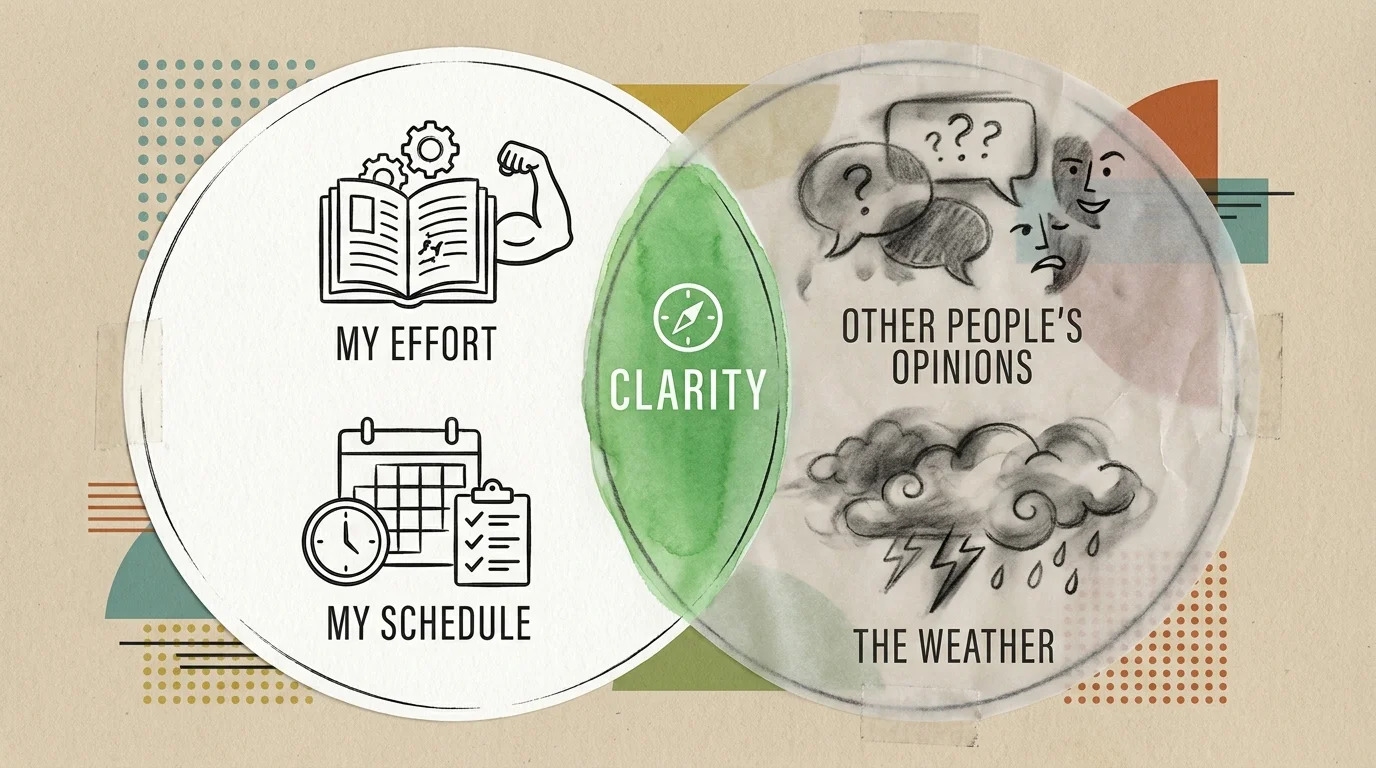 A collage with two circles separating clear, controllable items from blurred, uncontrollable factors.
