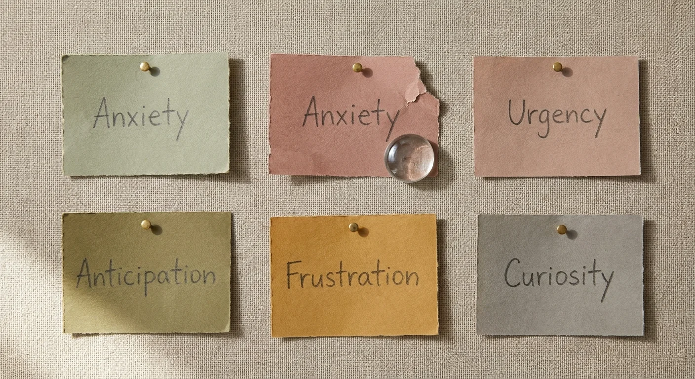 A collection of paper scraps with handwritten emotion labels like Anxiety and Curiosity, arranged neatly.