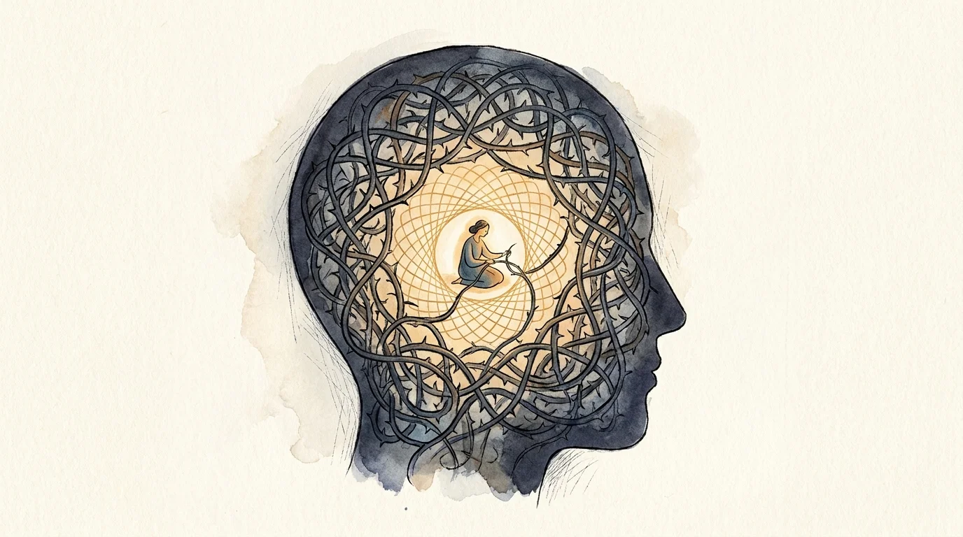 A conceptual illustration of a person inside a head silhouette weaving tangled vines into a beautiful golden pattern.