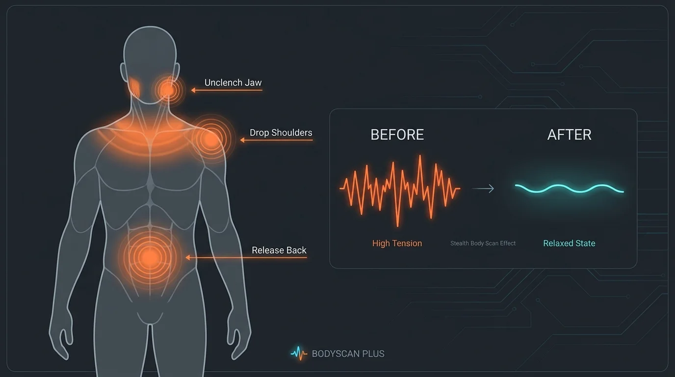 A dark-mode infographic of a human silhouette highlighting tension points in the jaw, shoulders, and back.