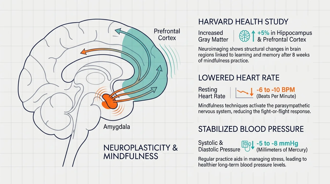 A diagram of the brain highlighting the Amygdala and Prefrontal Cortex with labels about stress and logic.