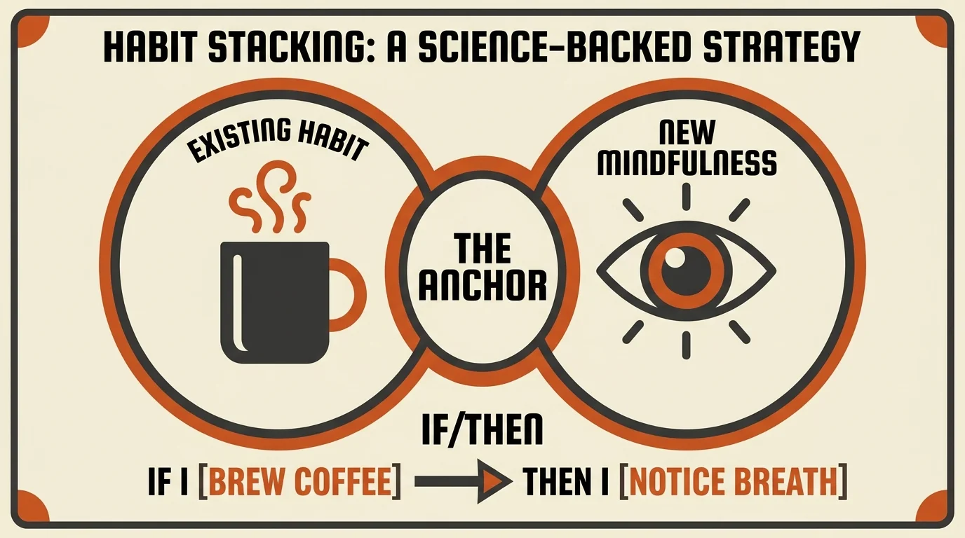 A diagram showing how to stack a mindfulness practice onto an existing habit like brewing coffee.
