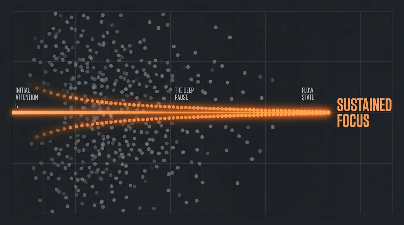 A diagram showing scattered grey dots aligning into a single, bright orange beam of focus.