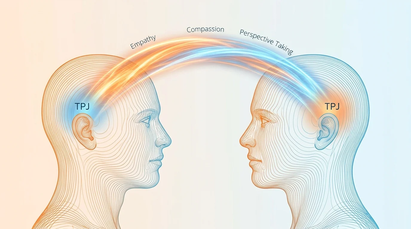 A diagram showing the temporoparietal junction as the center for empathy and perspective-taking between people.