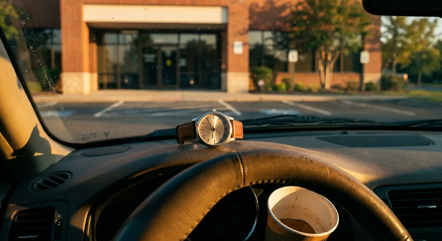 A first-person view of a car dashboard and a watch during a quiet one-minute pause before exiting the vehicle.