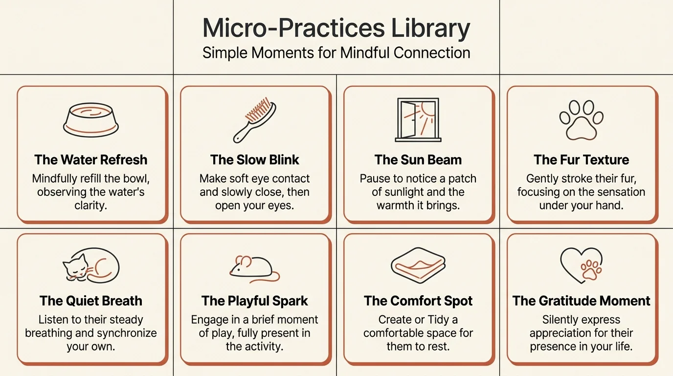 A grid-based infographic showing eight different small mindfulness practices involving a cat.