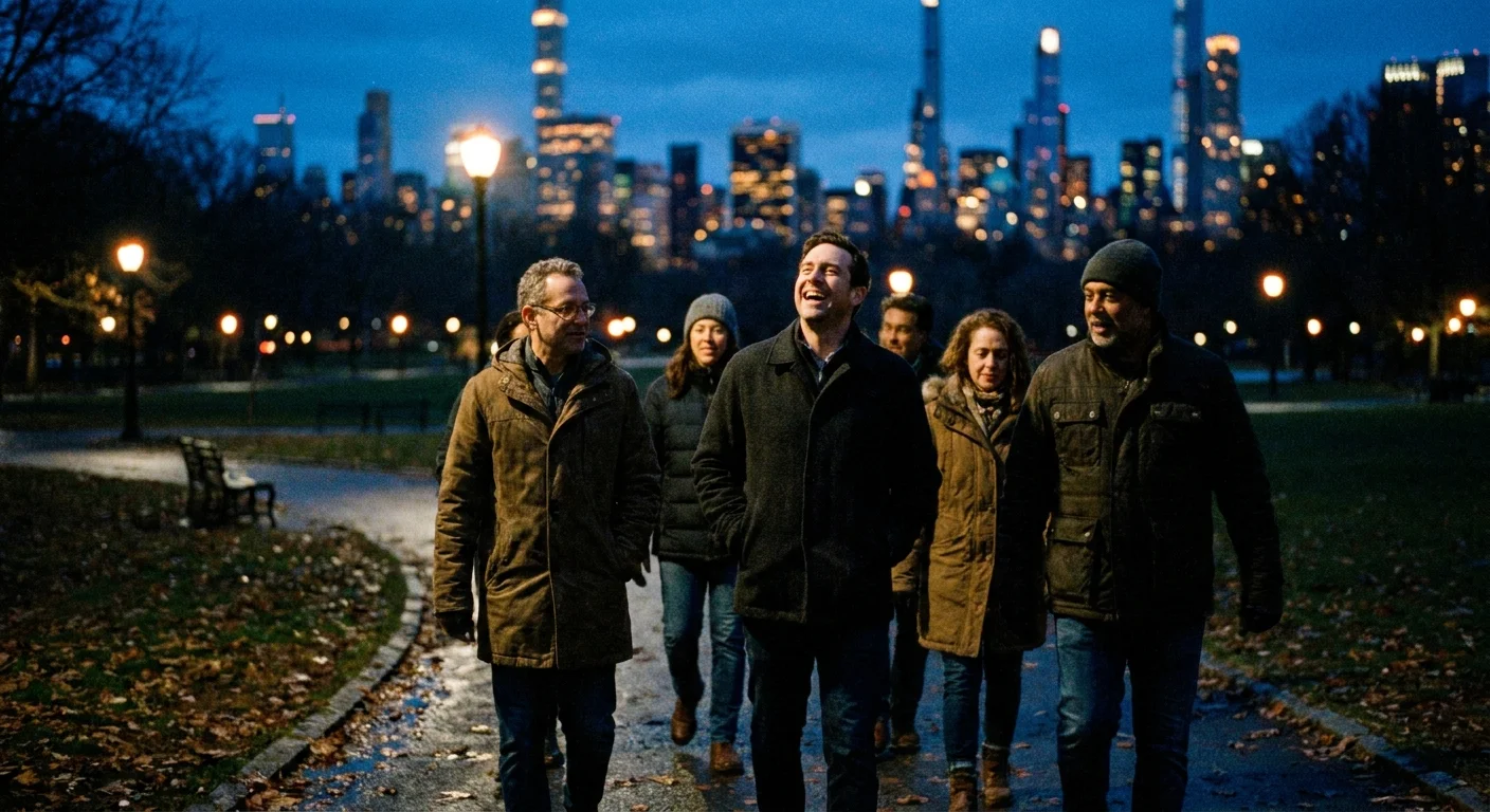 A group of people laughing and walking in a park at twilight, showing the joy of emotional resilience.