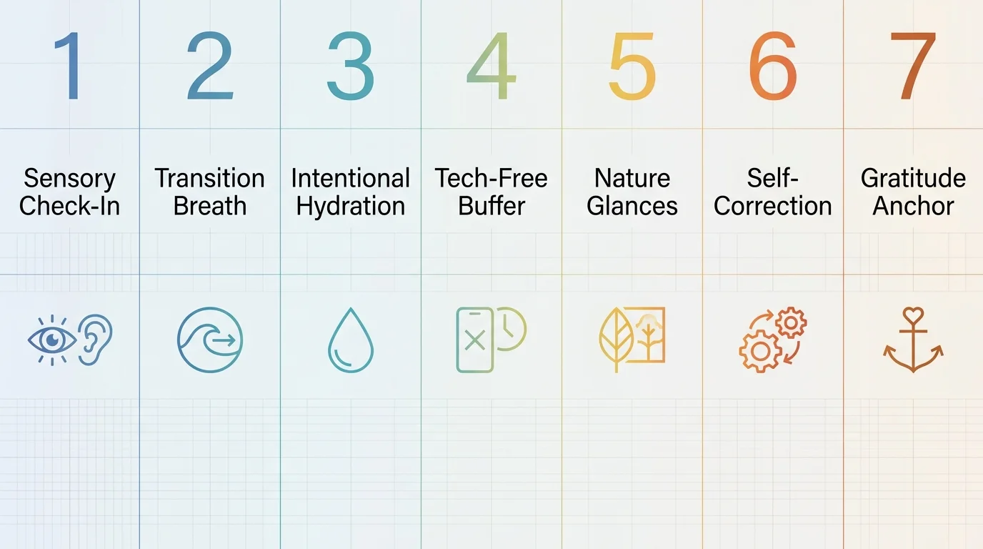 A horizontal infographic listing the 7 habits: Sensory Check-In, Transition Breath, Hydration, Tech-Free Buffer, Nature, Self-Correction, an
