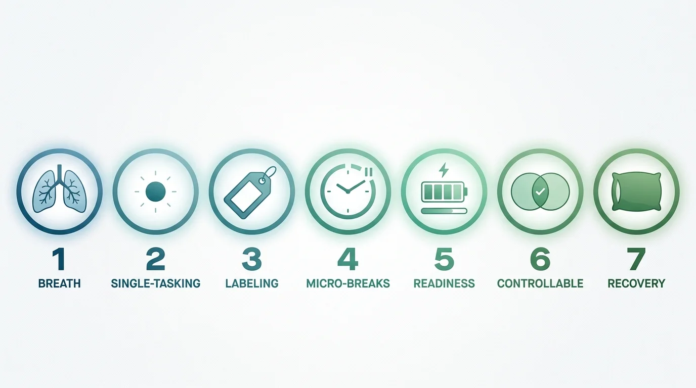 A horizontal infographic showing 7 icons numbered 1 to 7 representing the daily habits for building calmness.