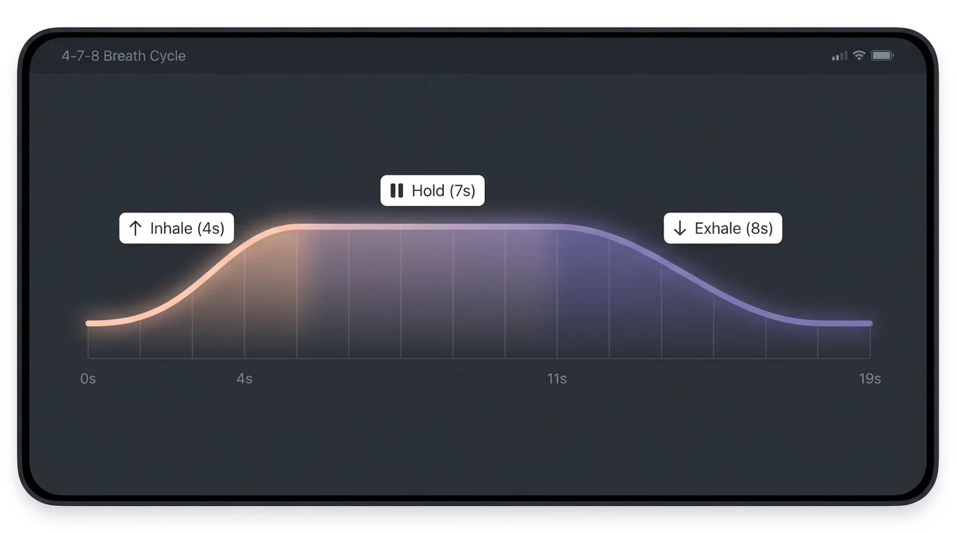 A horizontal timeline diagram showing the 4-7-8 breathing rhythm: inhale for 4, hold for 7, and exhale for 8.