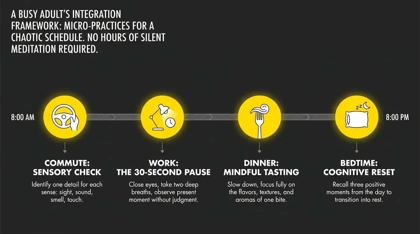 A horizontal timeline showing four practical points during a day to practice mindfulness integration.