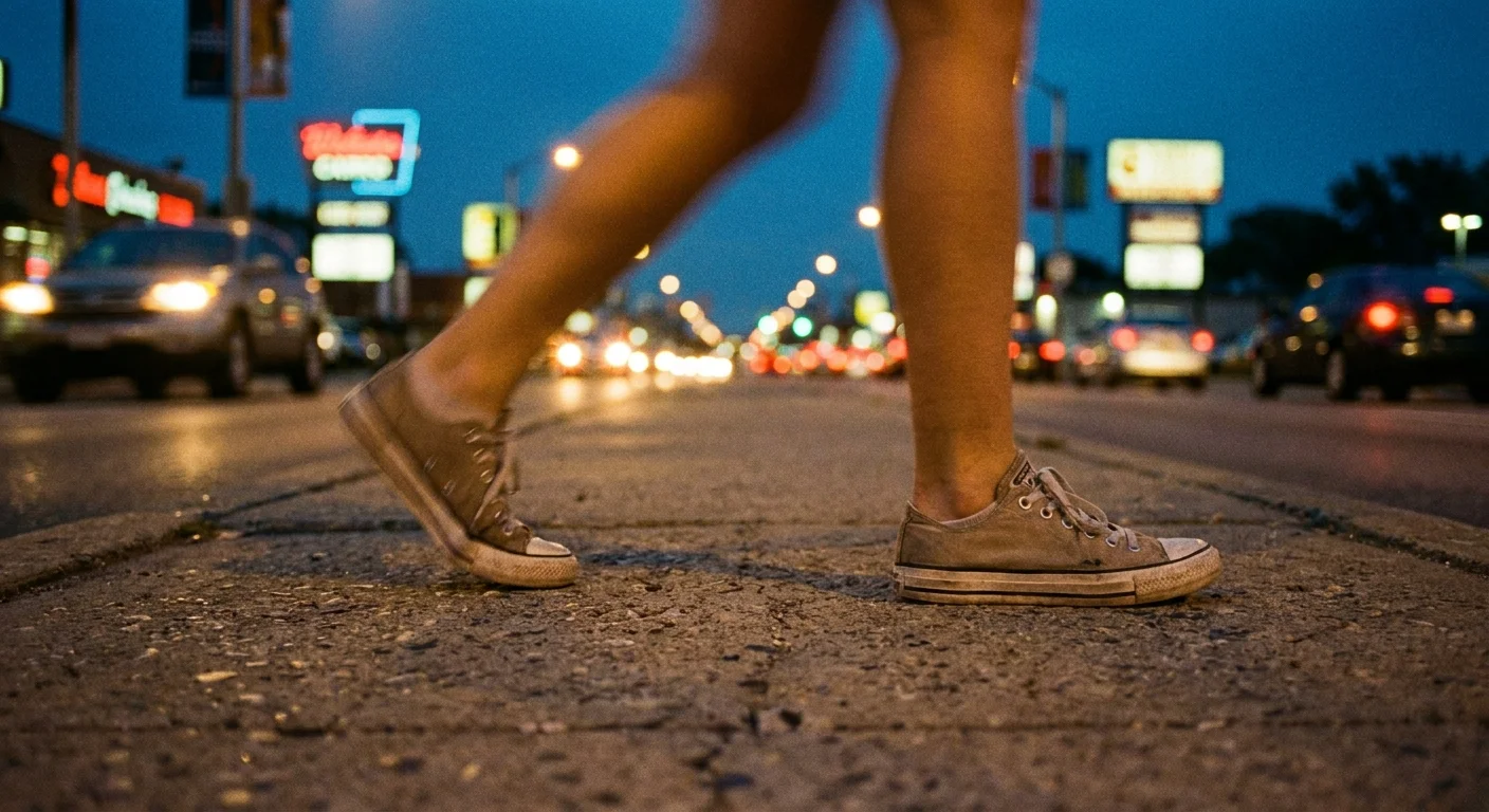 A low-angle shot of a person's feet walking on a city sidewalk during the evening blue hour.
