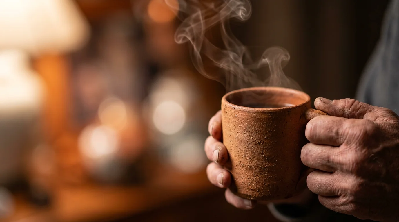 A macro close-up of hands holding a textured ceramic mug with steam rising.