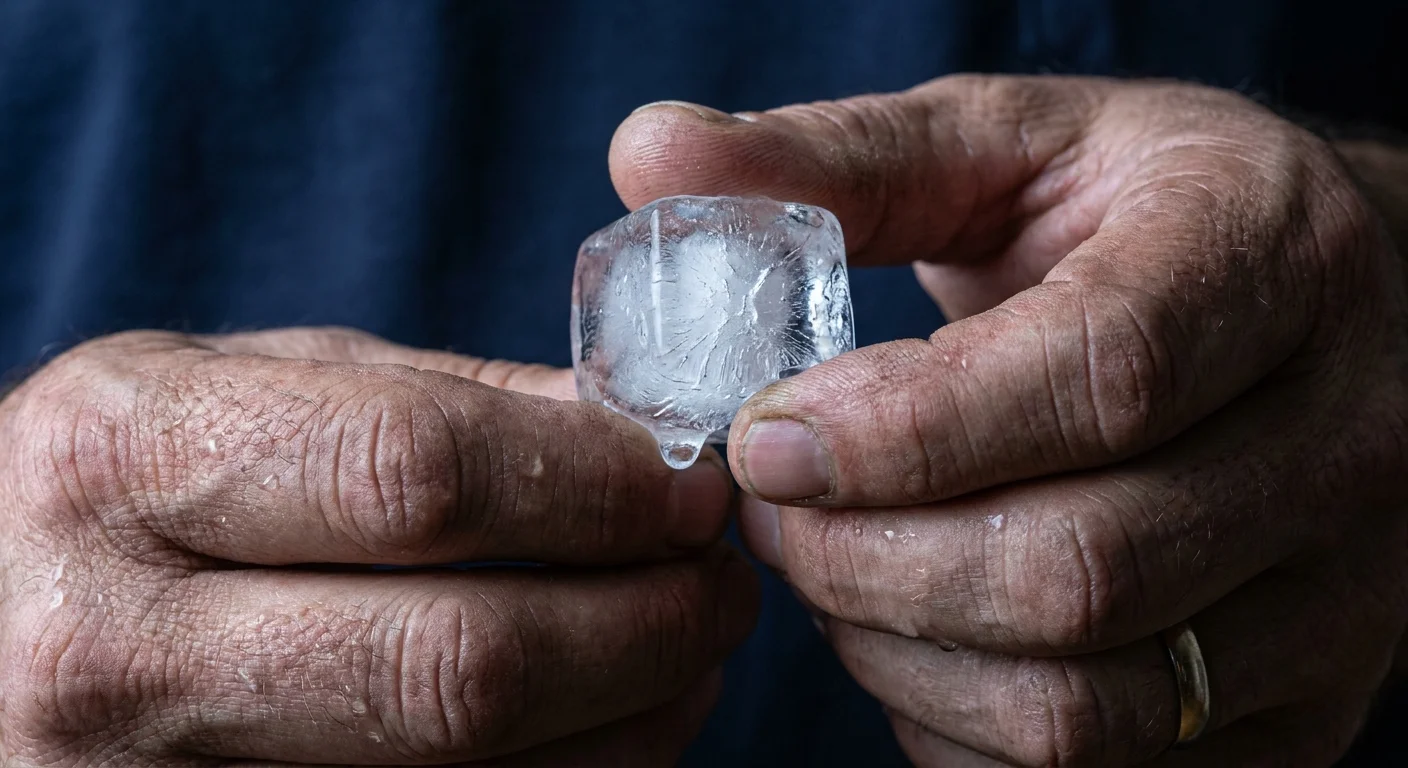 A macro photograph of hands holding a melting ice cube, showing every detail of the skin and ice.